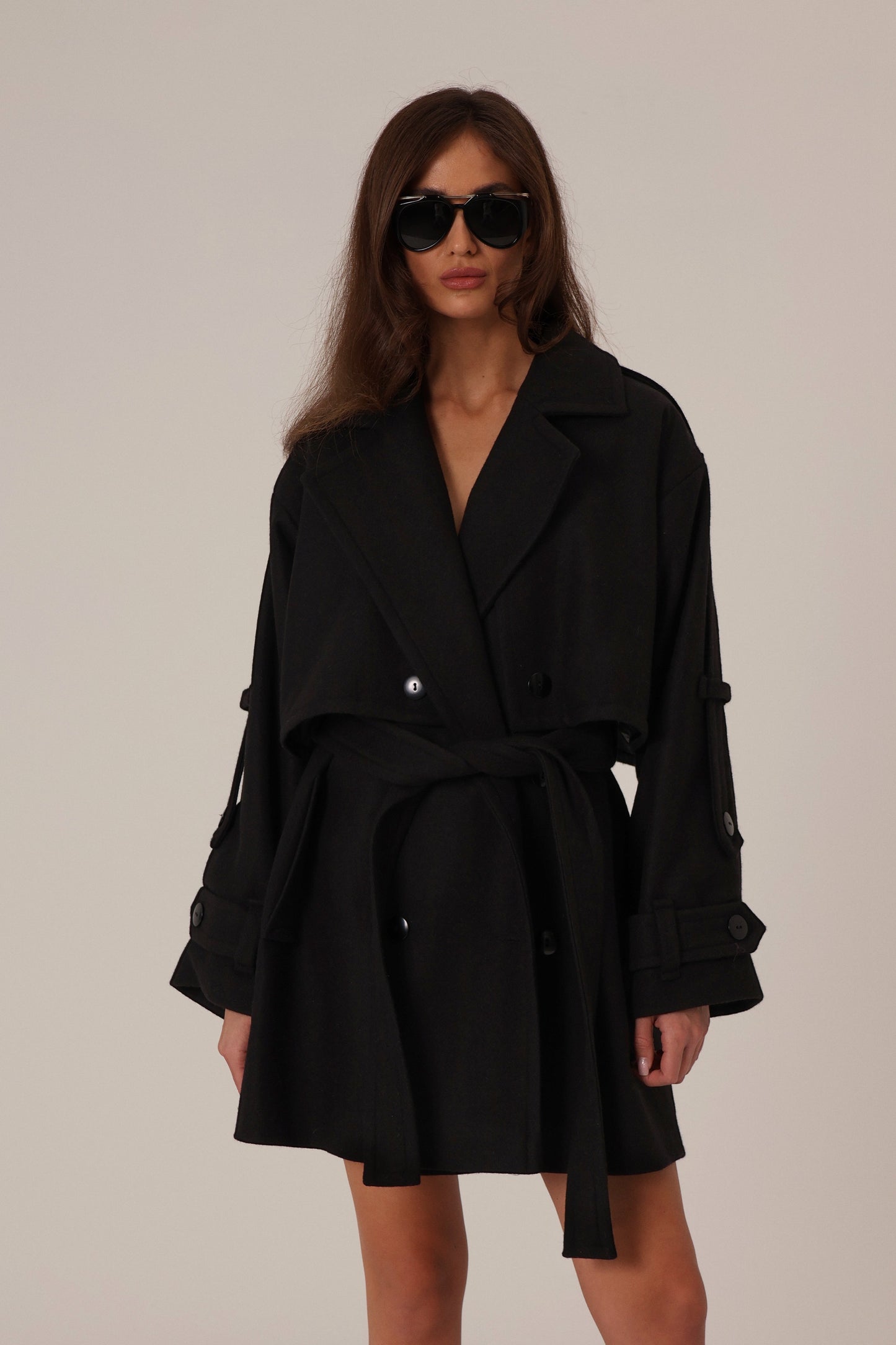SHORT WOOL BLACK TRENCH