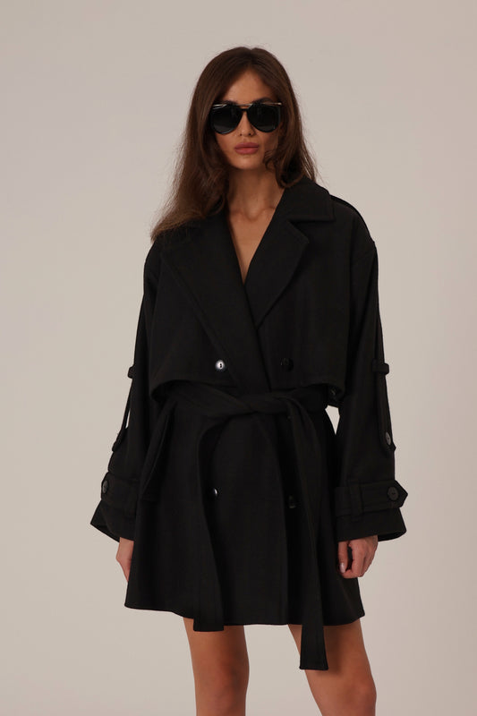SHORT WOOL BLACK TRENCH